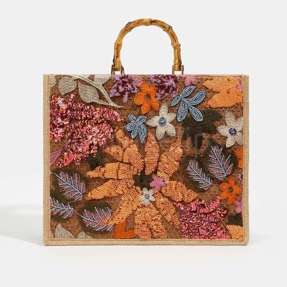 Sequined Floral Decorated Straw Tote Bag Bamboo Handle Embroidered - Picture 8 of 11